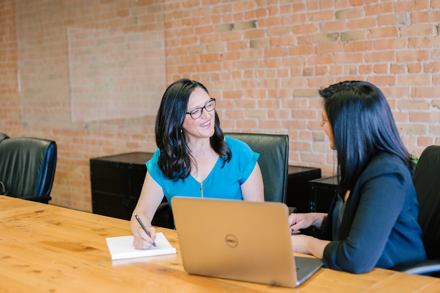 Two professionals in a consultation reviewing notes on a laptop