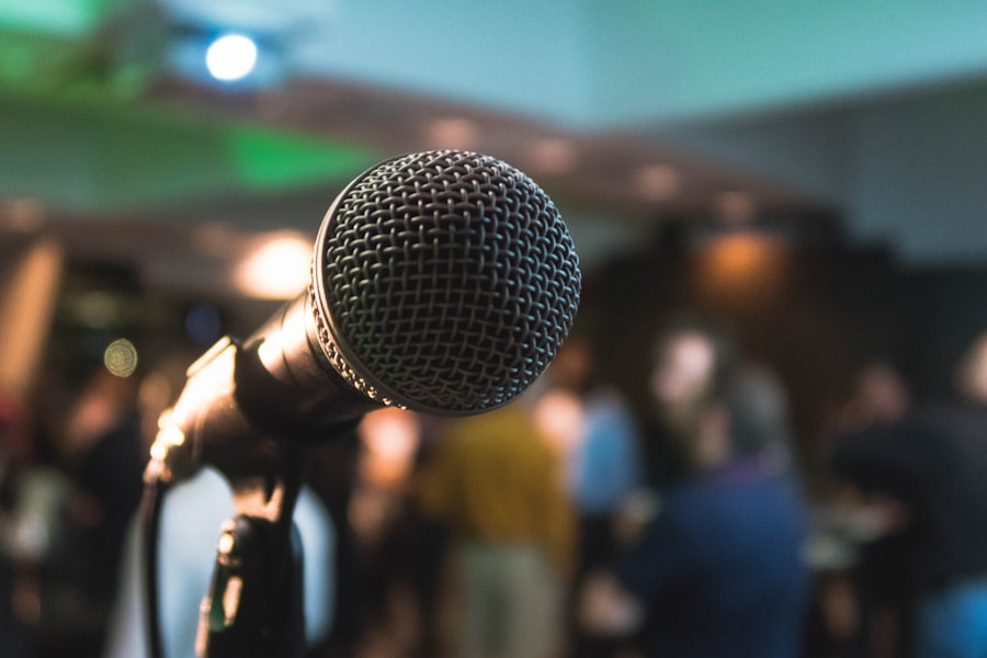 Close-up of a microphone at a corporate speaking event